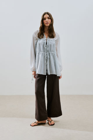 Ruched Tie Blouse Blue