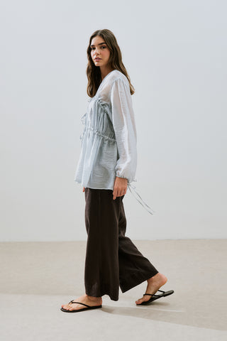 Ruched Tie Blouse Blue