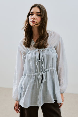 Ruched Tie Blouse Blue
