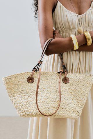 Straw Bag With Leather Strap Beige