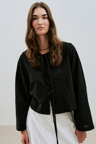 Embroidered Tie Blouse Black