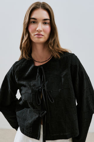 Embroidered Tie Blouse Black