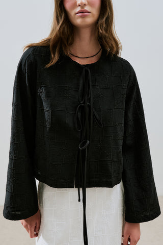 Embroidered Tie Blouse Black