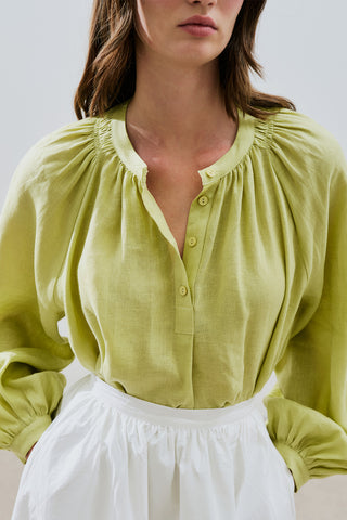 Lightweight Linen Gathered Neck Shirt Lime