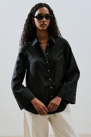 Linen Wide Cuff Shirt Black