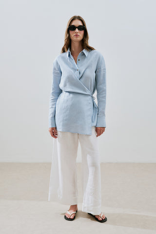Linen Tie Detail Shirt Blue