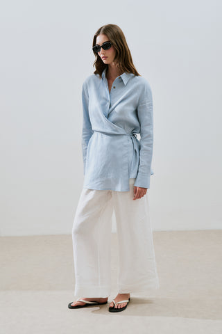 Linen Tie Detail Shirt Blue