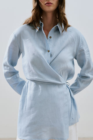 Linen Tie Detail Shirt Blue