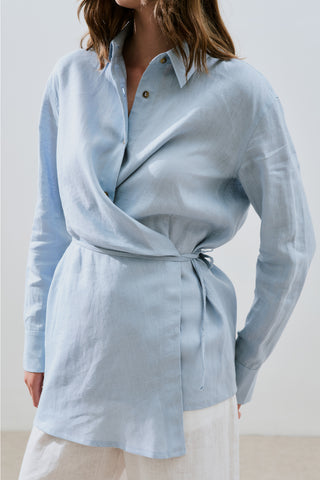 Linen Tie Detail Shirt Blue