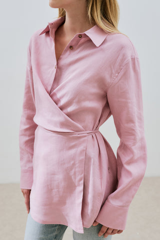 Linen Tie Detail Shirt Pink