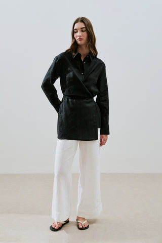 Linen Tie Detail Shirt Black
