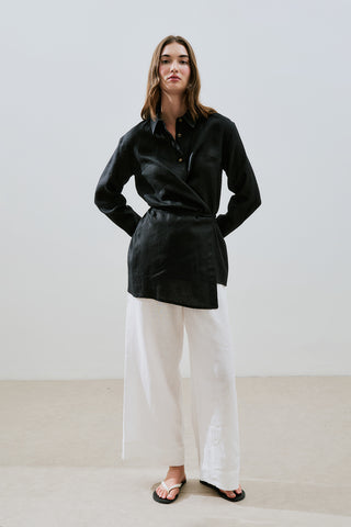 Linen Tie Detail Shirt Black