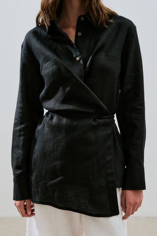 women's dress pants ankle length Linen Tie Detail Shirt Black