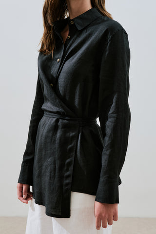 Linen Tie Detail Shirt Black