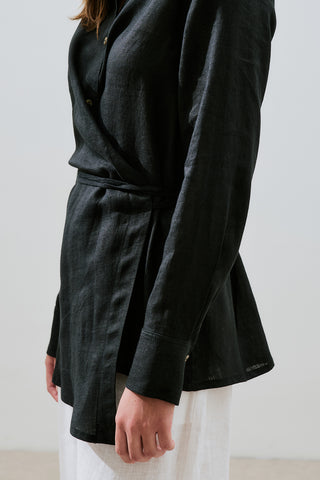 Linen Tie Detail Shirt Black