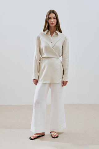 Linen Tie Detail Shirt Stone