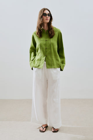Linen Front Button Shirt Lime Green