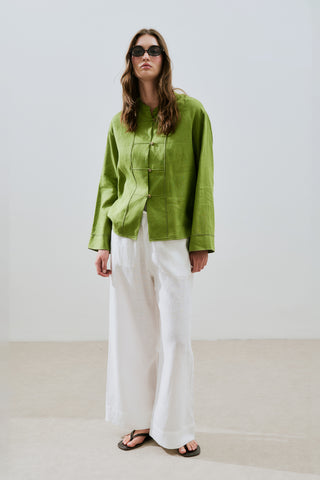 Linen Front Button Shirt Lime Green