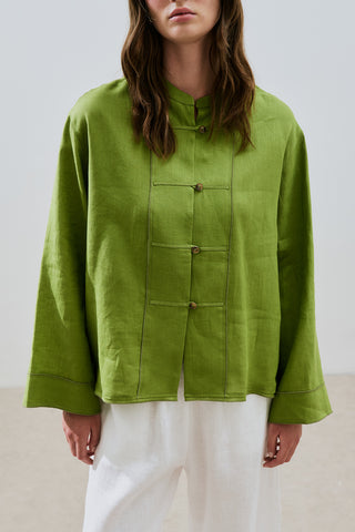 Linen Front Button Shirt Lime Green