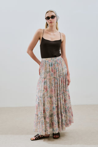 Ruched Chiffon Maxi Skirt Pastel Floral