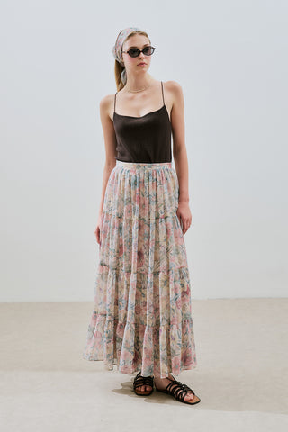Ruched Chiffon Maxi Skirt Pastel Floral