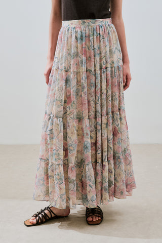 Ruched Chiffon Maxi Skirt Pastel Floral