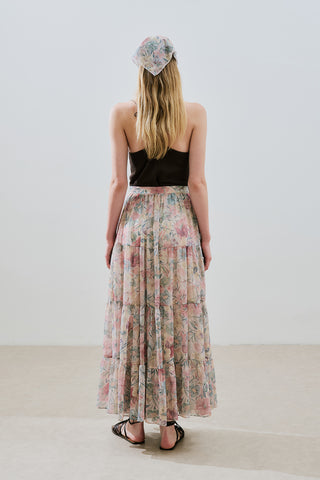 Ruched Chiffon Maxi Skirt Pastel Floral