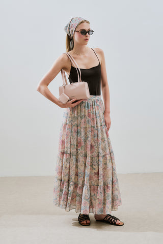 UZUN BÜZGÜLÜ ŞİFON ETEK PASTEL FLORAL