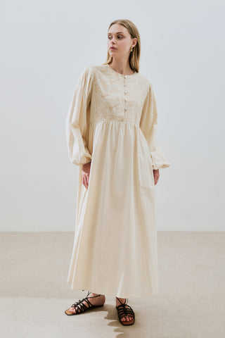 Textured Embroidered Dress Natural