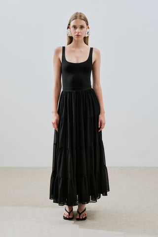 Ruched Chiffon Maxi Skirt Black