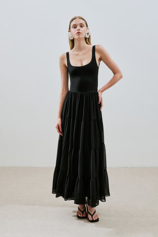 Ruched Chiffon Maxi Skirt Black
