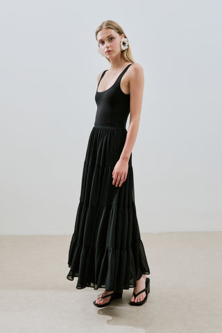 Ruched Chiffon Maxi Skirt Black