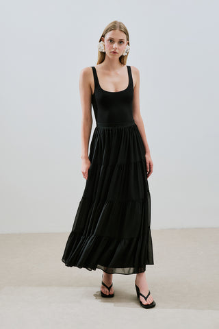 Ruched Chiffon Maxi Skirt Black