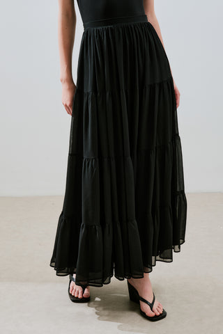 Ruched Chiffon Maxi Skirt Black