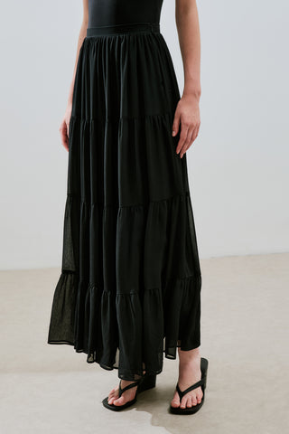 Ruched Chiffon Maxi Skirt Black