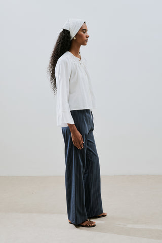 Striped Elastic Waist Trousers Navy Blue