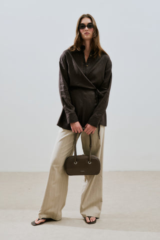 Linen Tie Detail Shirt Dark Brown