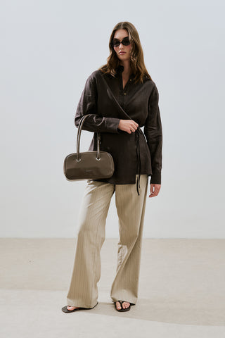 Linen Tie Detail Shirt Dark Brown