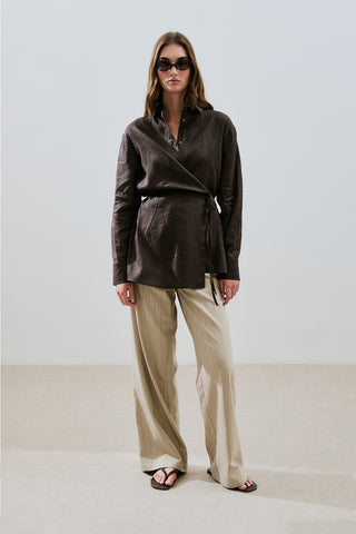 Linen Tie Detail Shirt Dark Brown