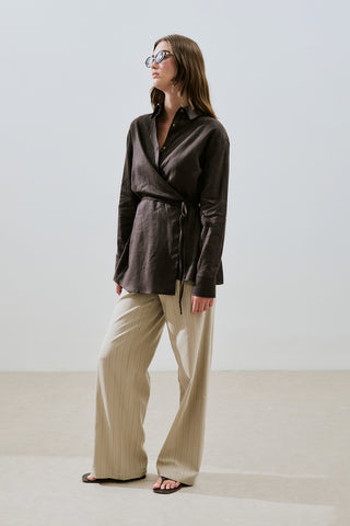 Linen Tie Detail Shirt Dark Brown