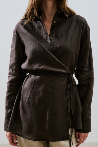 Linen Tie Detail Shirt Dark Brown