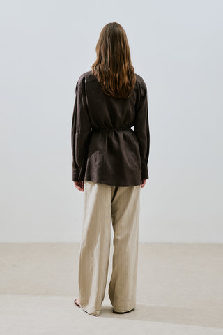 Linen Tie Detail Shirt Dark Brown