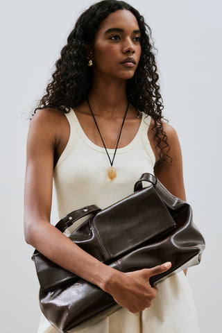 Faux Leather Flap Tote Bag Brown