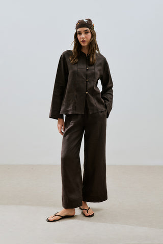 Linen Tie Trousers Dark Brown