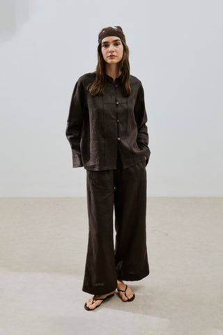 Linen Tie Trousers Dark Brown