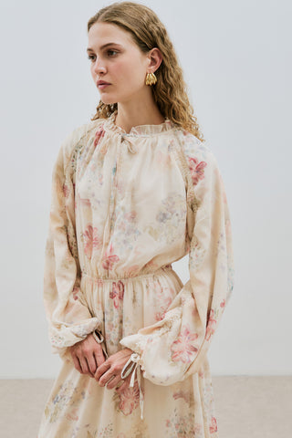 Ruched Chiffon Maxi Dress Roses Butterfly
