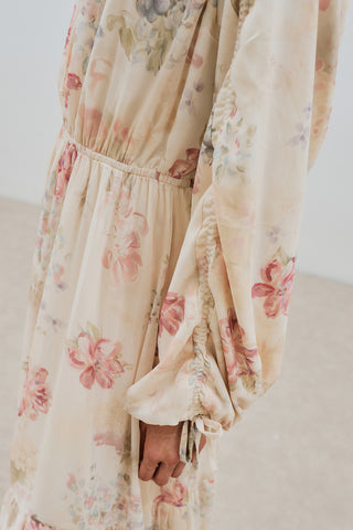 Ruched Chiffon Maxi Dress Roses Butterfly