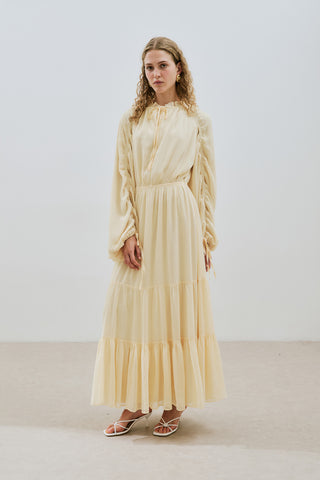 UZUN BÜZGÜLÜ ŞİFON ELBİSE SOFT SARI