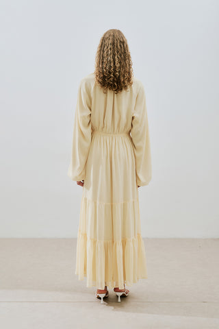 UZUN BÜZGÜLÜ ŞİFON ELBİSE SOFT SARI