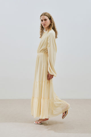 UZUN BÜZGÜLÜ ŞİFON ELBİSE SOFT SARI